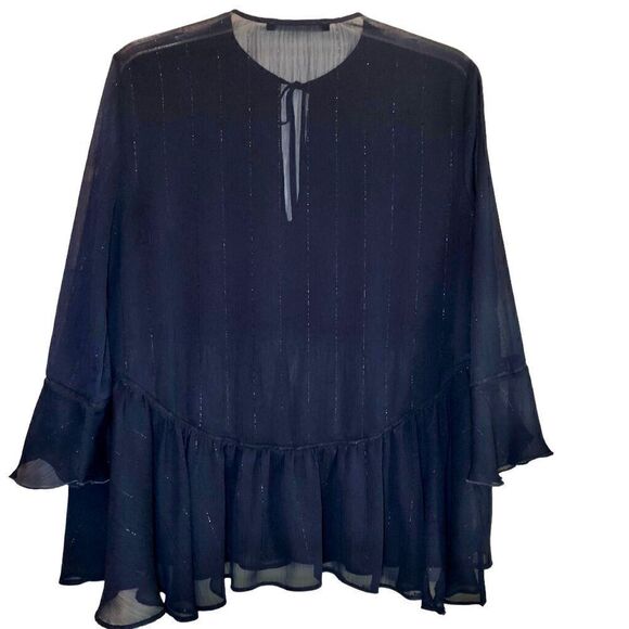 Zara Sheer Peplum Top with Tulip Sleeves in Navy Blue Women’s M - Picture 5 of 7